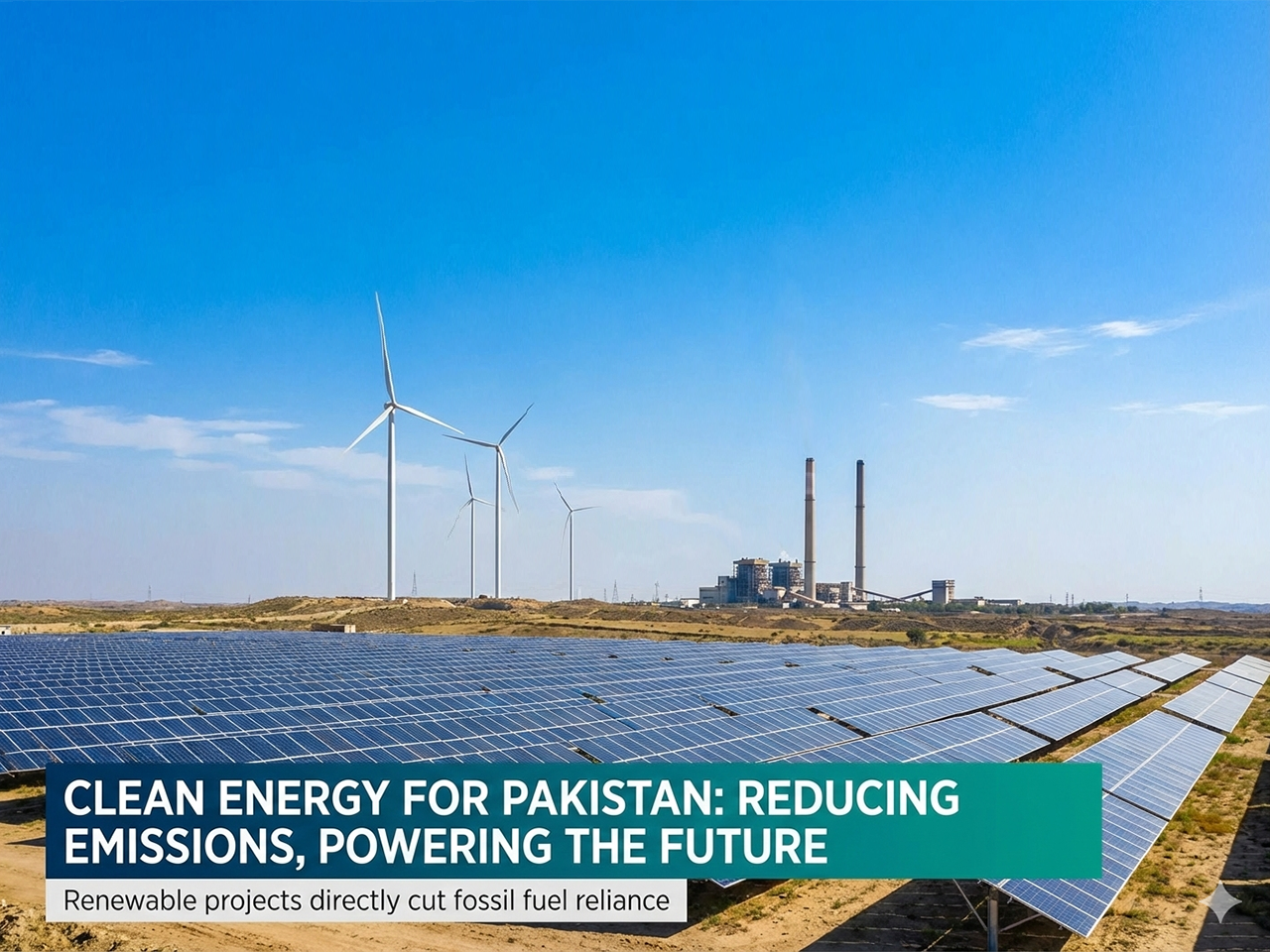 Clean energy for Pakistan — solar panels and wind turbines reducing emissions and powering the future